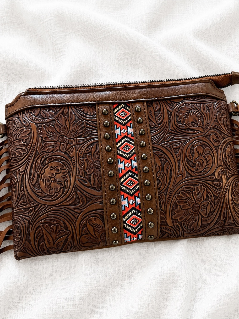 Hand-Tooled Brown Leather Crossbody with Stud & Embroidered Accent